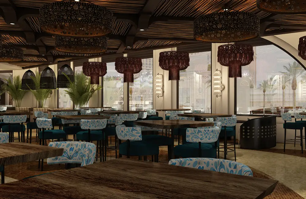 Design rendering of the main dining room with woven lanterns