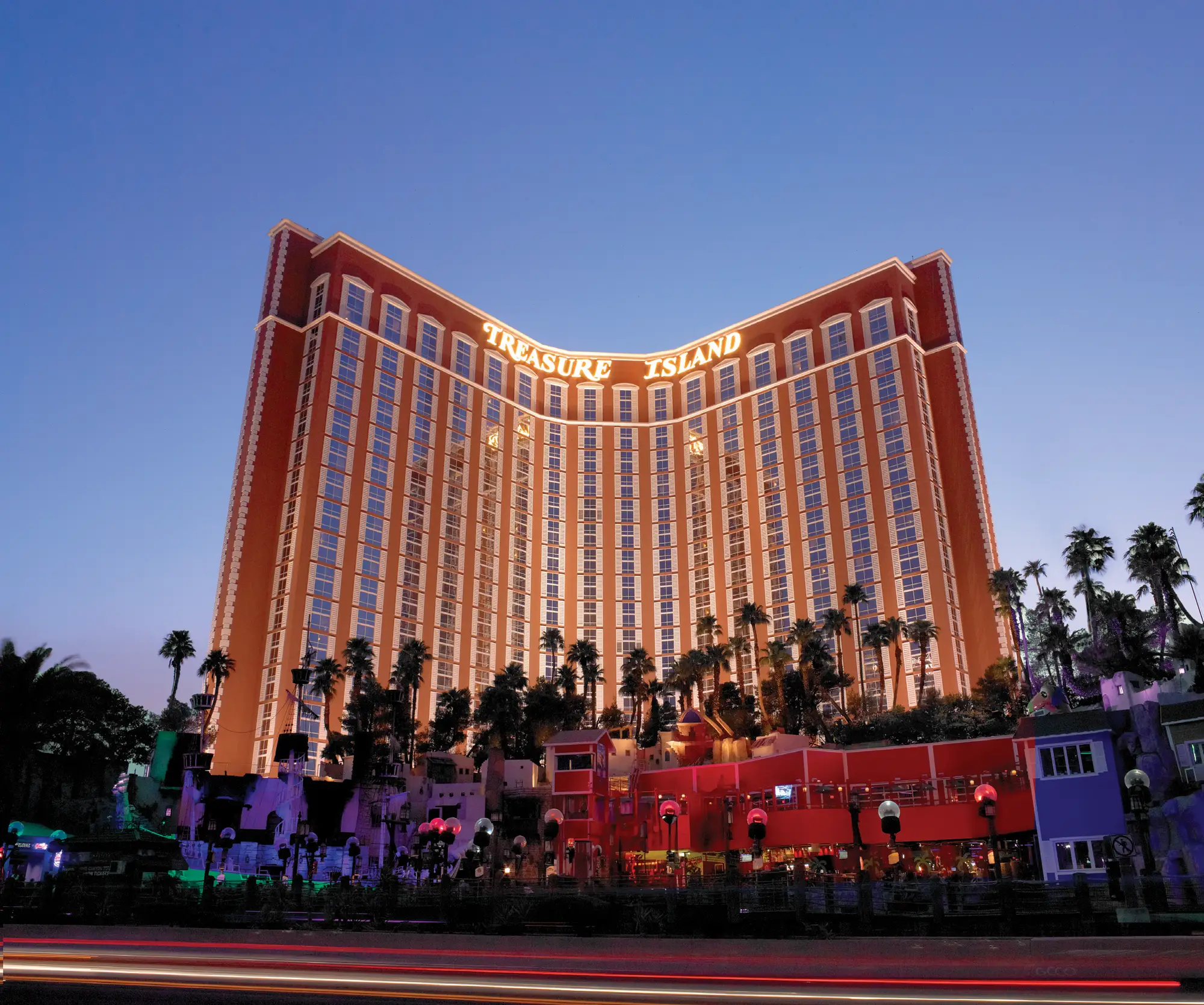 Treasure Island hotel tower at dusk on the Las Vegas Strip